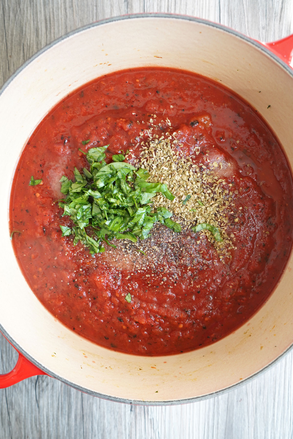 Sauce ingredients in a large stock pot.