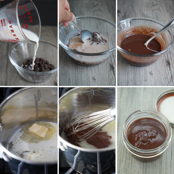 Steps showing how to make chocolate sauce.