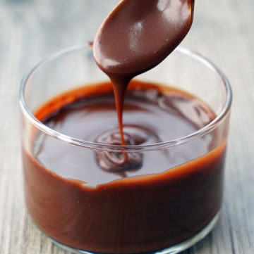 Chocolate Sauce in glass jar with spoon.