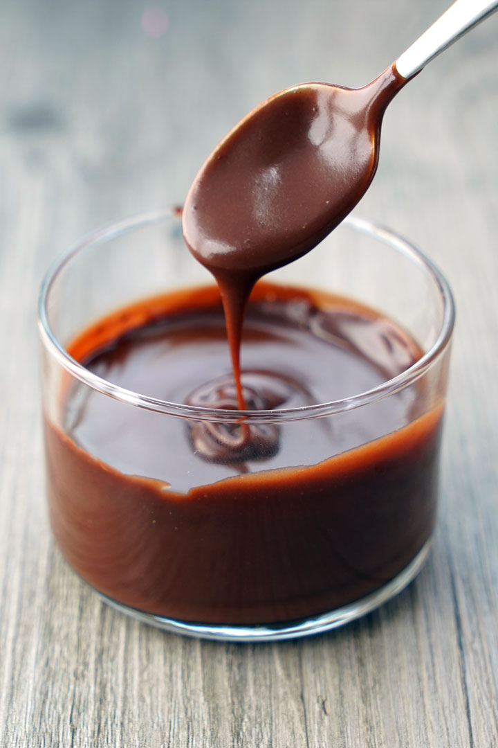 Chocolate Sauce in glass jar with spoon.