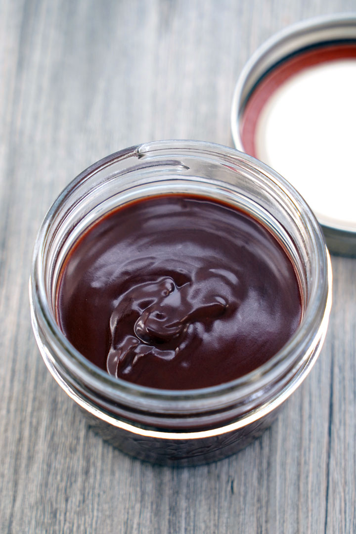 Chocolate Sauce stored in a glass jar.