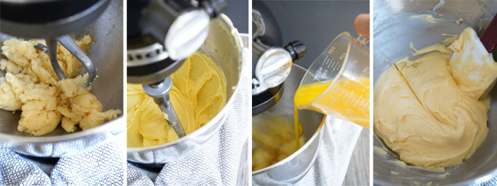 Churro dough being made in a mixer shown in 4 step photo collage.
