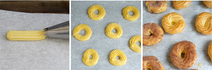 Three photo collage showing churro dough being piped straight, round and baked.