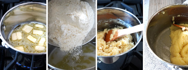 First four steps of making churro dough shown in a collage.