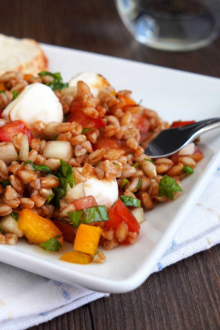 Italian herb farro salad on a white plate with bread and fork.