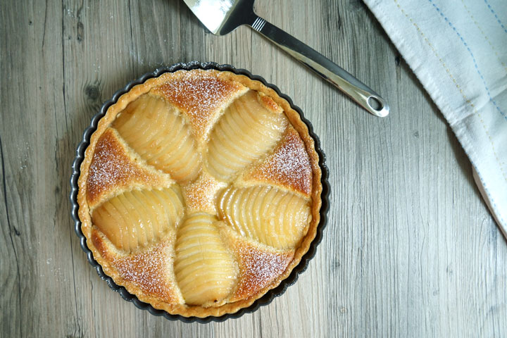 Over head shot of a frangipane pear tart.