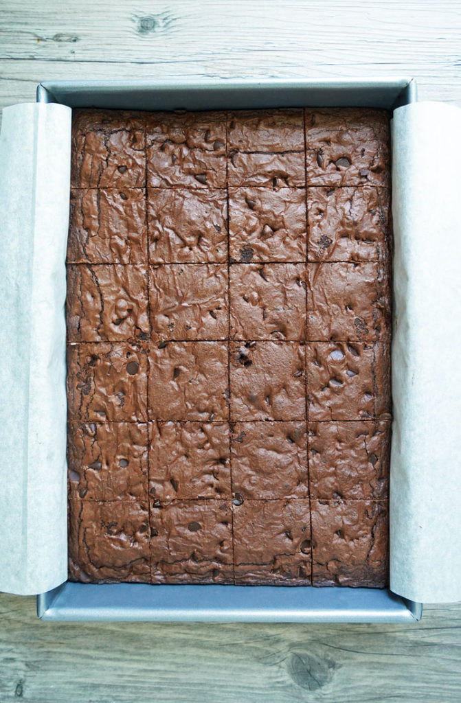 Tray of cut brownies.