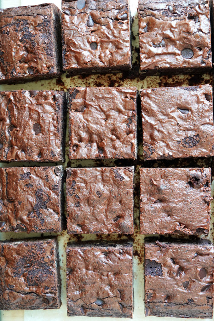 Top view of cut brownies.