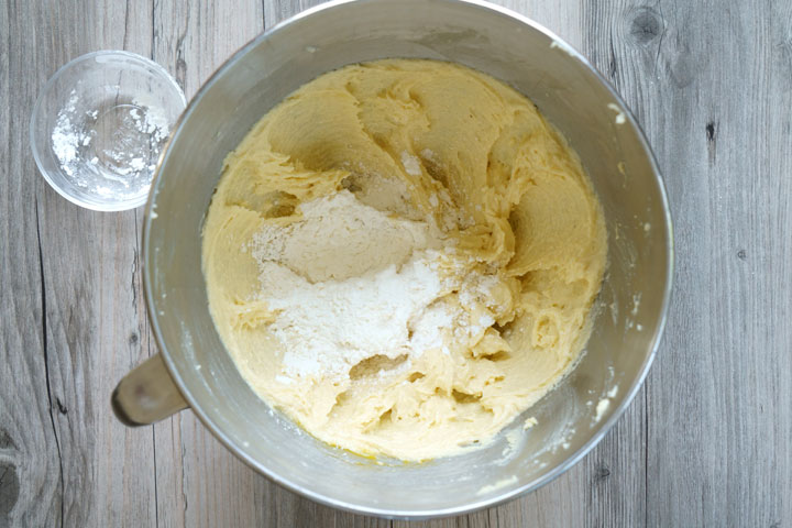 Third step in making frangipane: Adding the flour.