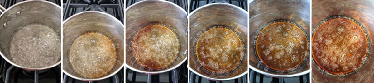 Collage showing sugar caramelizing into a deep amber color. Shows 6 phases of color.