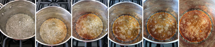 Collage showing sugar caramelizing into a deep brown color. Shows 6 phases of color.