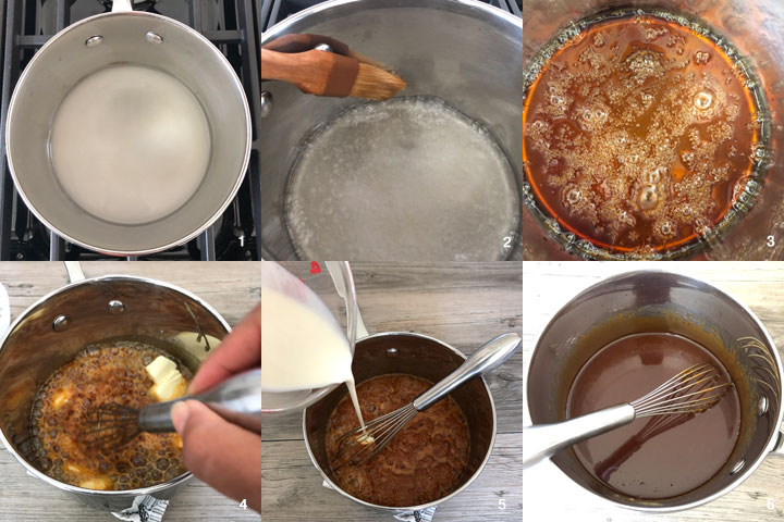 Six process shots showing how to make caramel sauce.