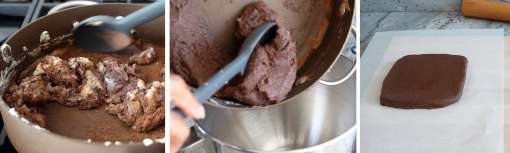 Process shots on how to make chocolate burfi.