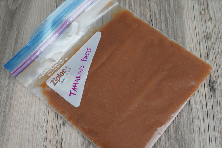 Tamarind paste stored in freezer bag.