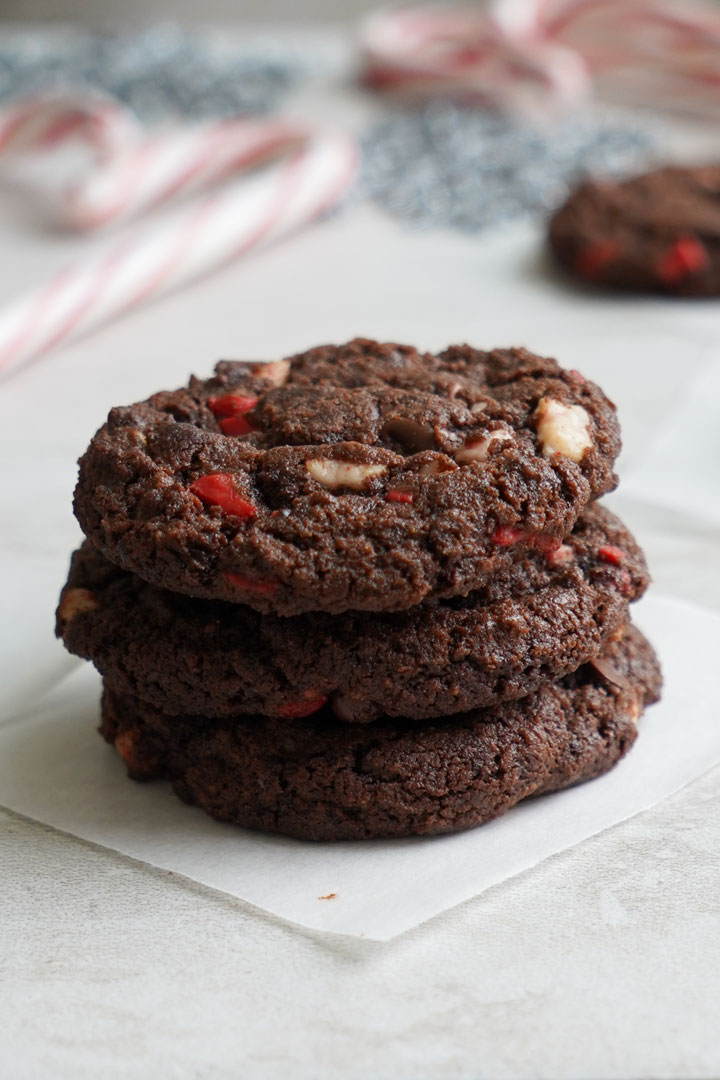 Stack of chocolate peppermint chip cookies.