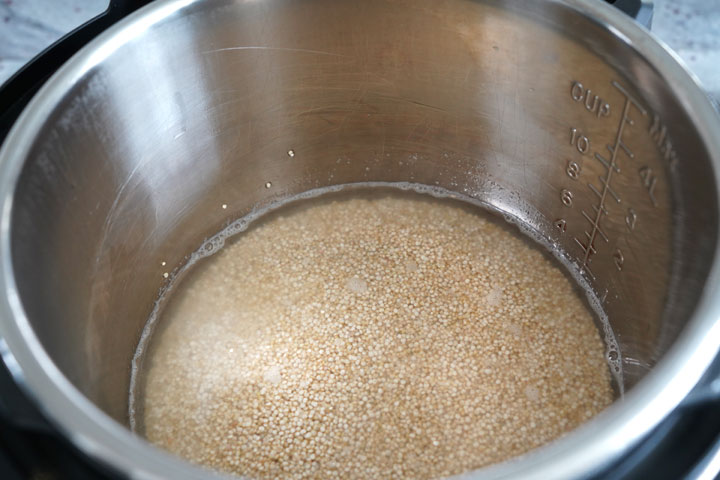 Quinoa mixed with water, ready to be cooked.