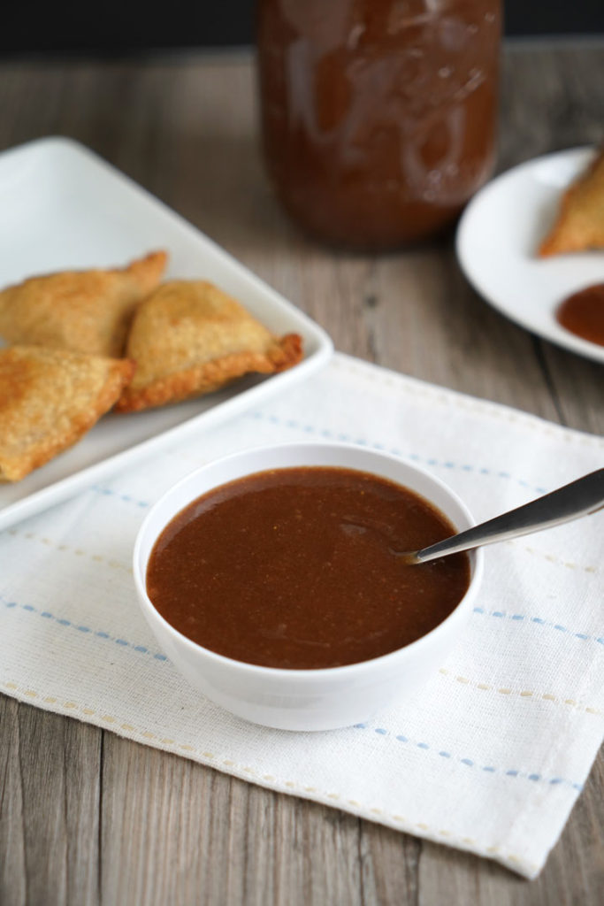 Bowl full of tamarind date chutney. 