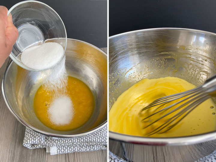 Sugar and egg yolks being whisked together.