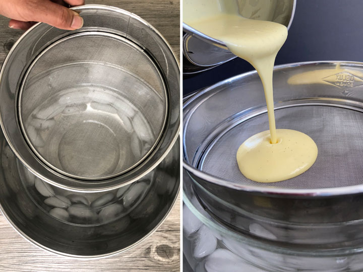 Custard sauce being strained over an ice bath. 