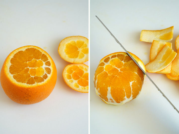 Collage showing how to cut the peel off an orange.