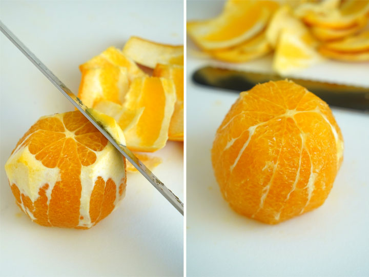 Collage showing how to cut remove remaining pith off an orange.