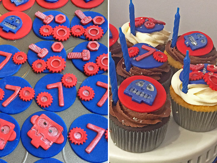 Robot themed cupcake toppers shown beside cupcake topped with the toppers.