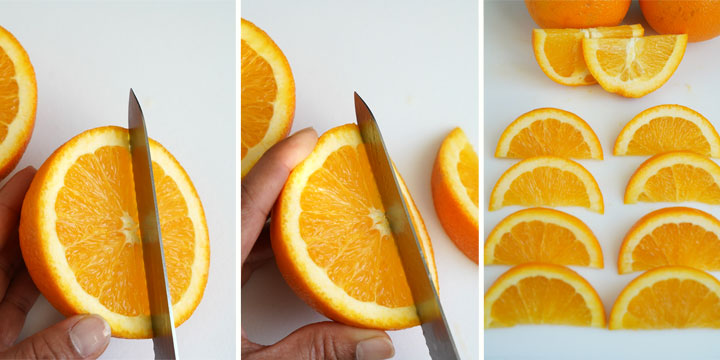 Three picture collage showing how to slice orange wedges.