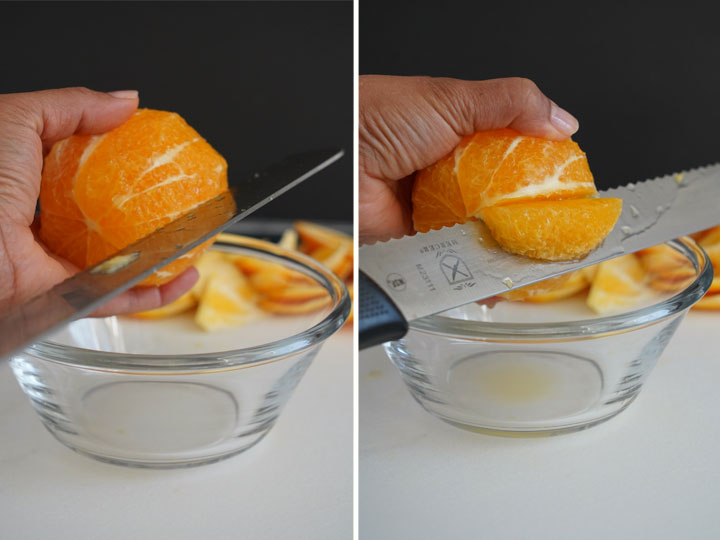 Collage showing how to segment an orange.