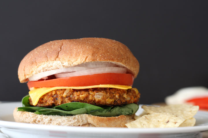 Black bean burger in bun closeup.