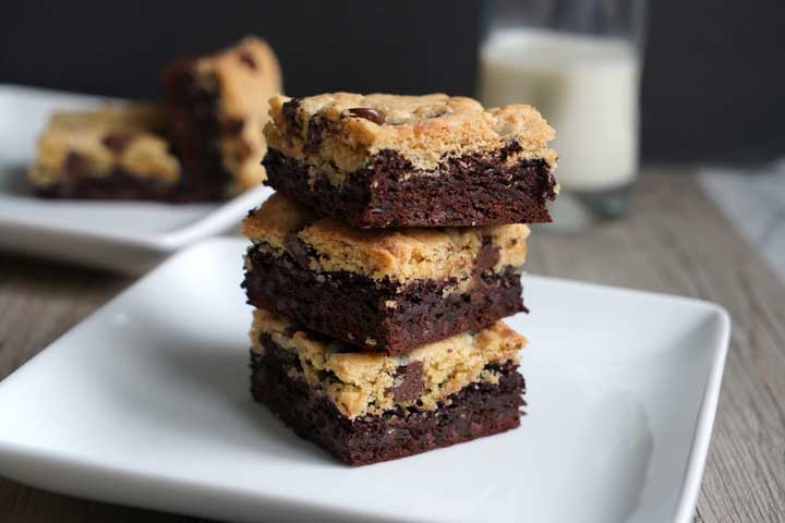 Brownie/cookie bars on a white plate.