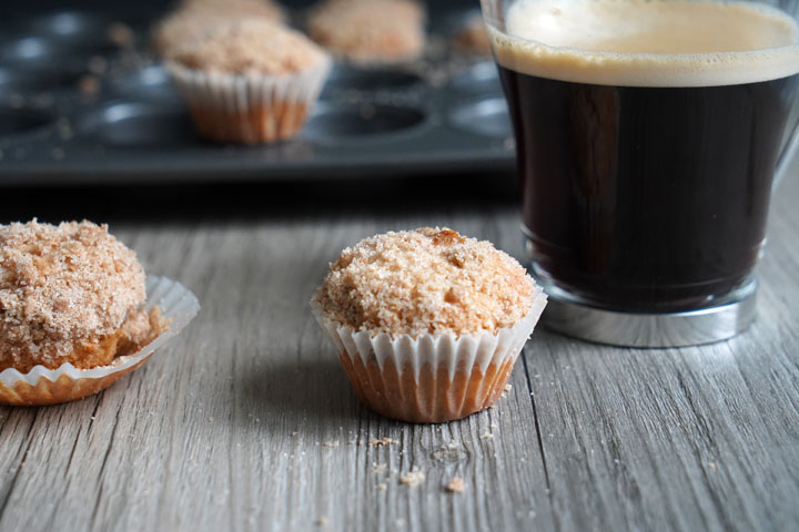 Baked muffin show next to coffee.