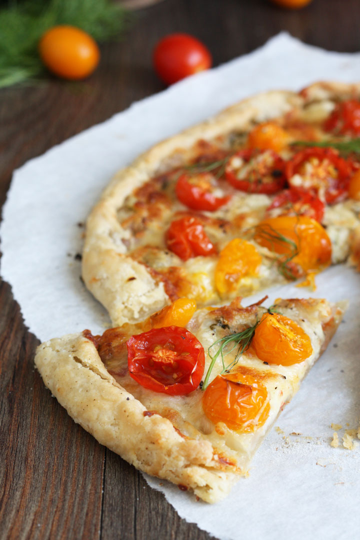 Slice of rustic tomato tart.