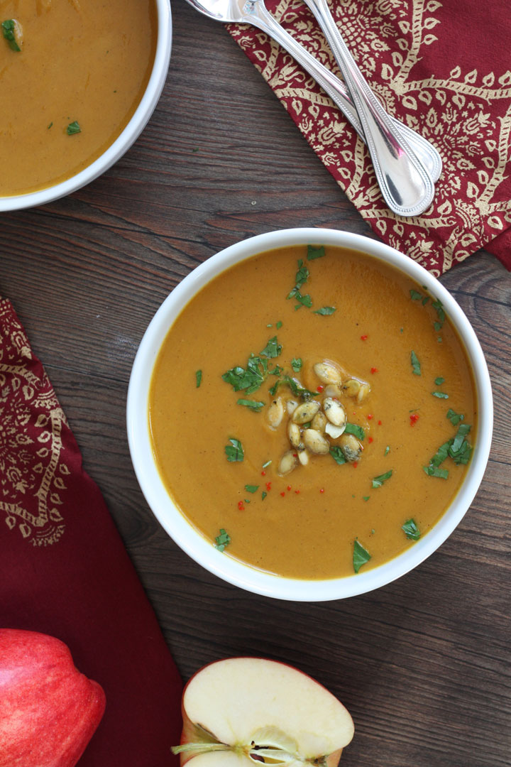 Overhead shot of two soup bowls.