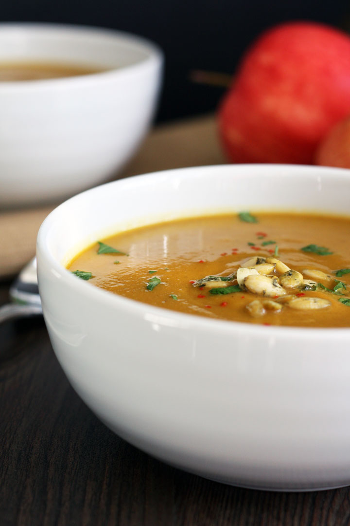 Close up of curried butternut squash apple soup.