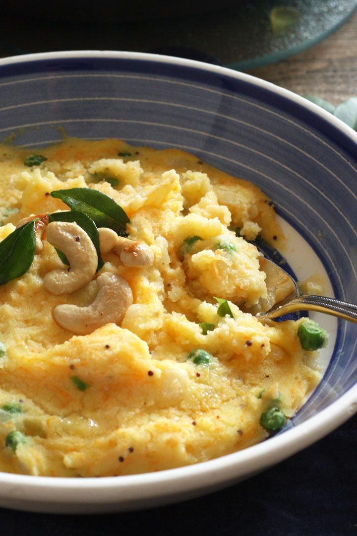 Close up of upma in a dish.