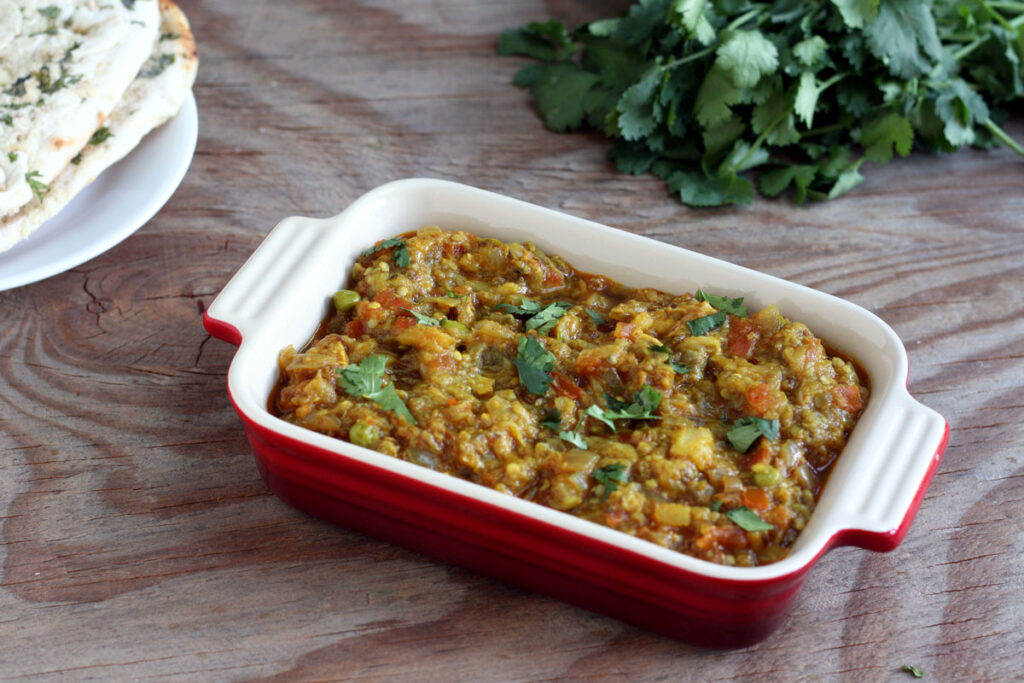 Baingan bharta with naan on the side.
