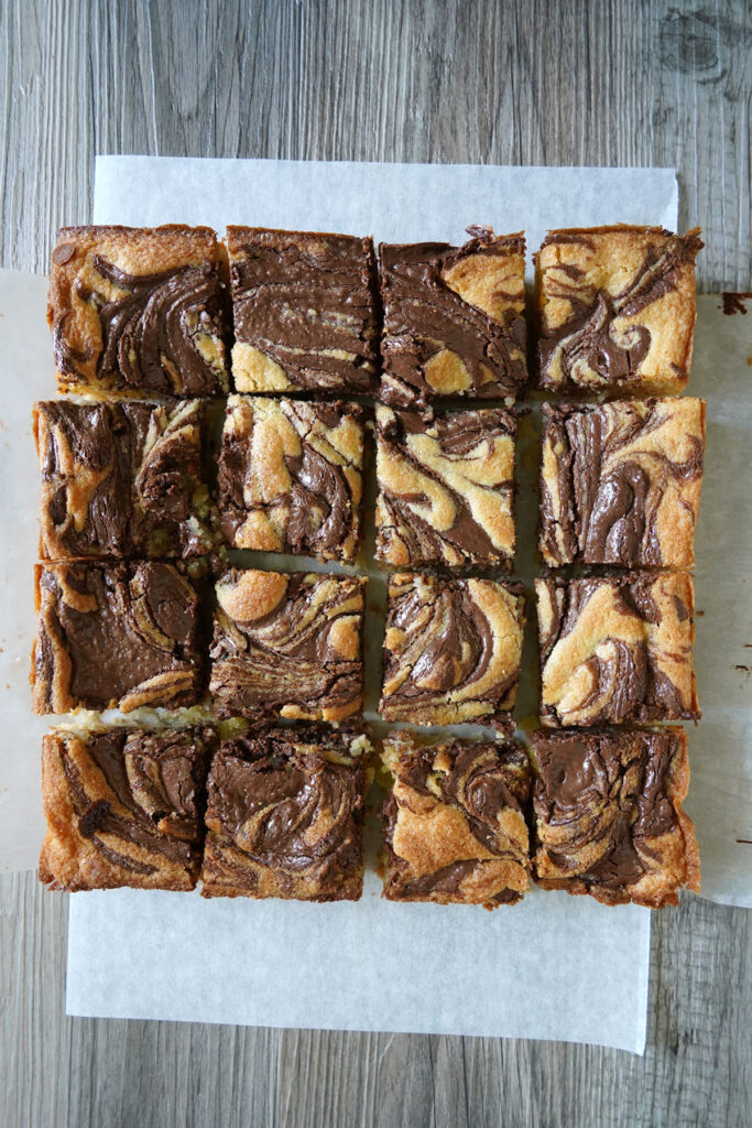 Baked Nutella Bar squares after being removed pan and cut. 