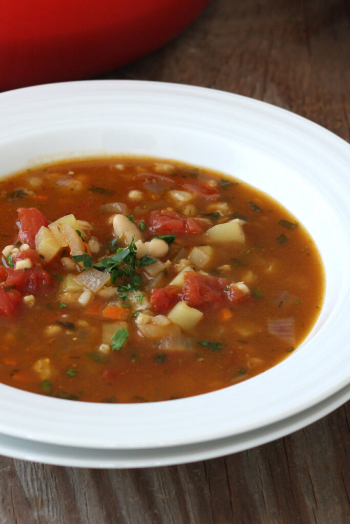 Close up view of vegetable barley soup.