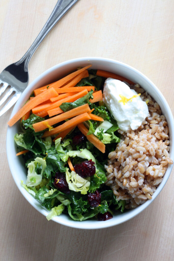 Top view of buddha bowl made with farro, shaved brussel sprouts, kale, carrots, cranberry and yogurt.