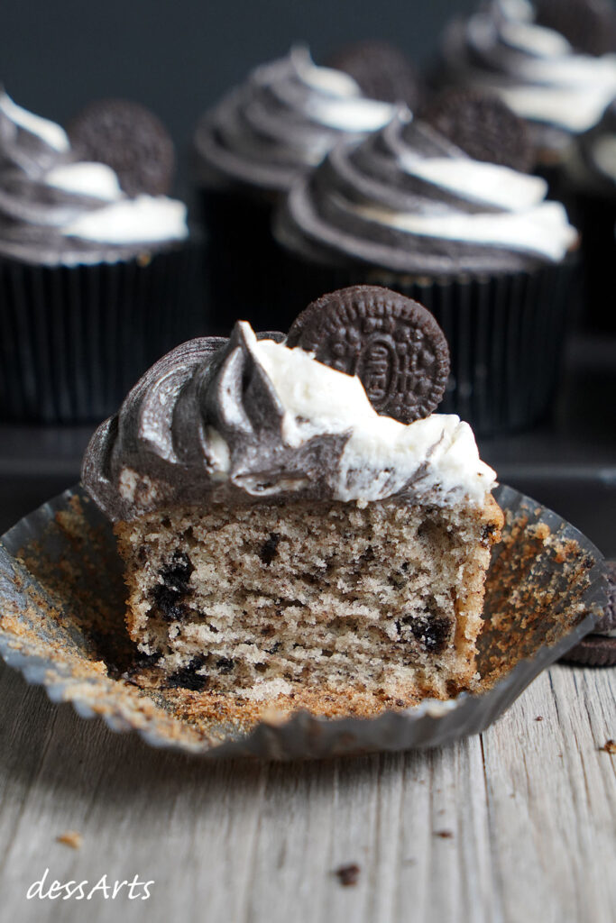 Oreo cupcake cut open showing the tight crumb.