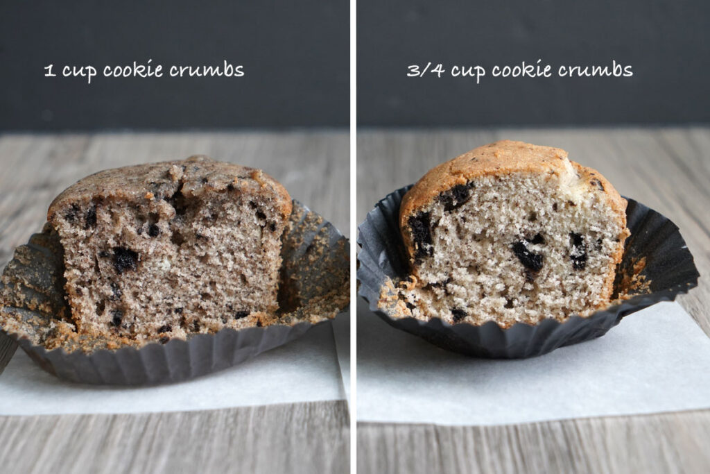 Comparison of two Oreo cupcakes made with different amounts of Oreo.
