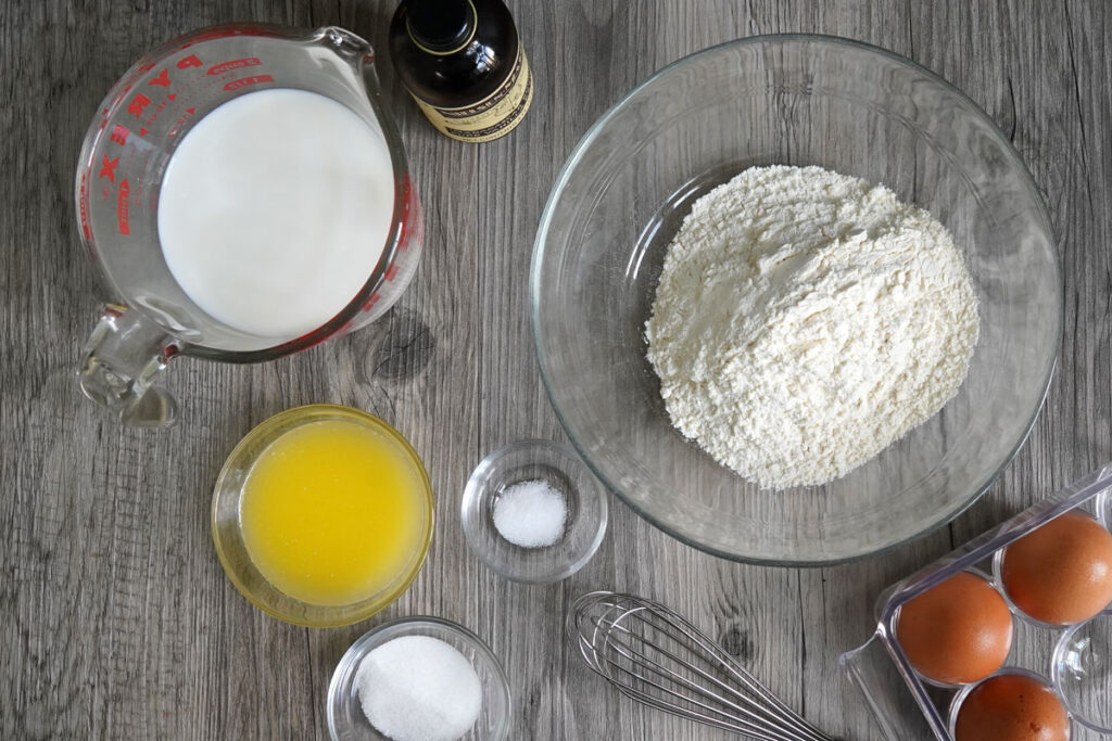 Crepe ingredients: milk, flour, eggs, butter, salt, sugar.