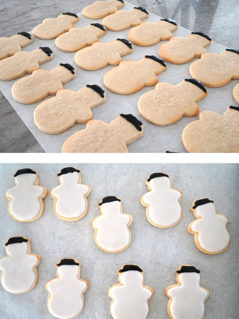 Snowman cookies with hats iced. Second photo showing body iced after the hats.