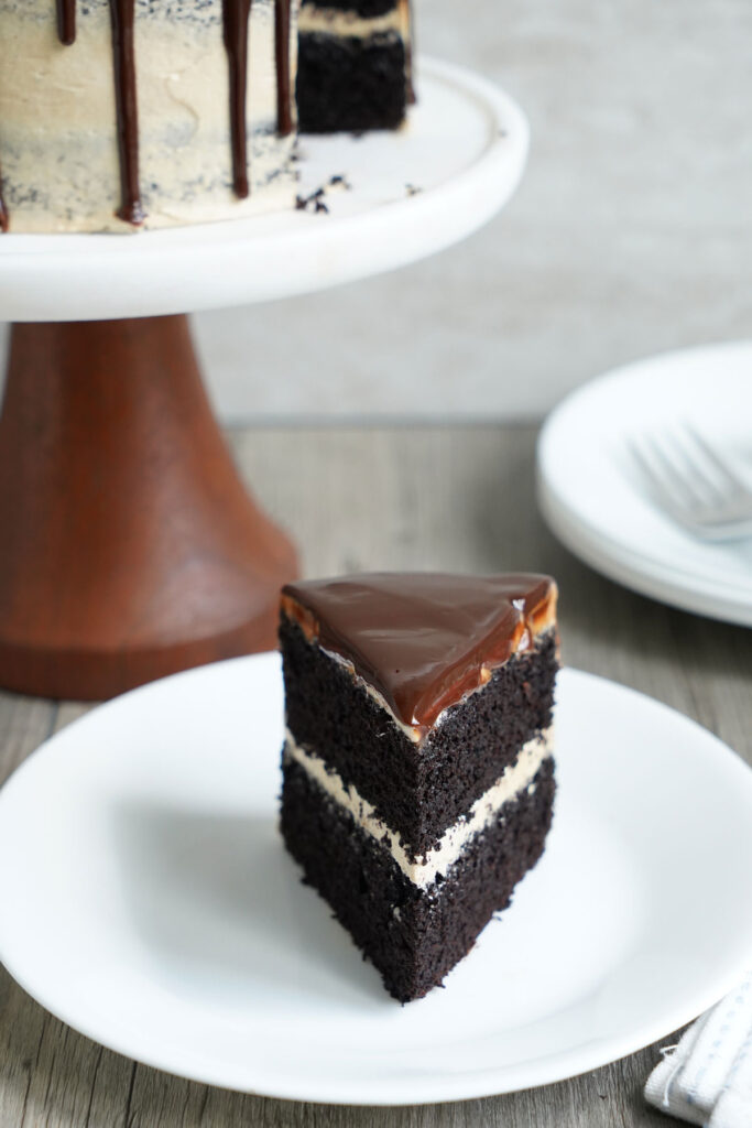 Single Slice of Mexican chocolate cake on a white plate. 