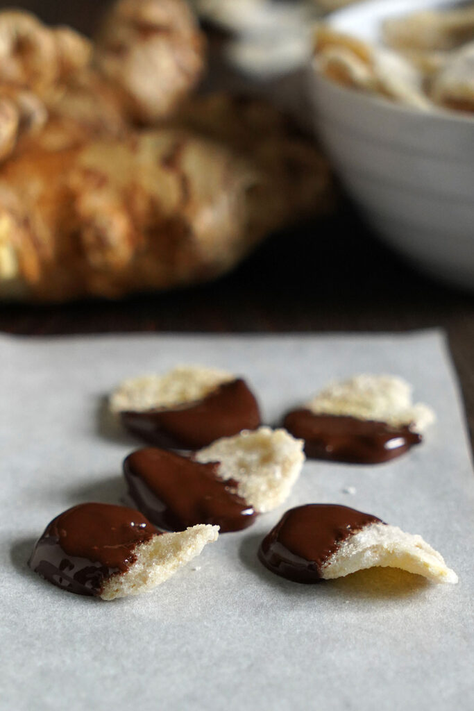 Candied ginger slices half dipped in dark chocolate.