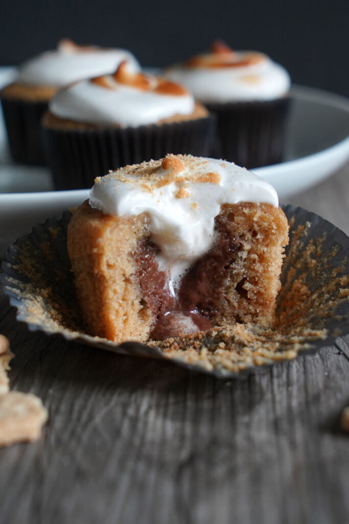 Inside of smores cupcakes showing ganache filling.