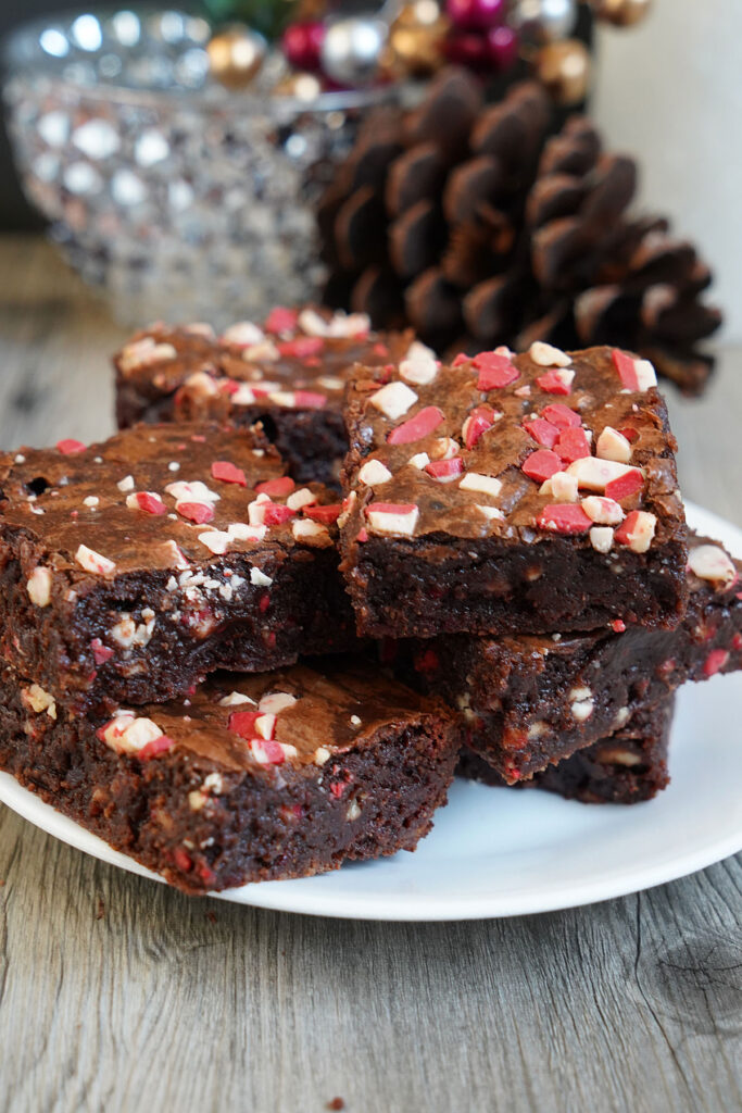 Close up of platter of peppermint brownies.