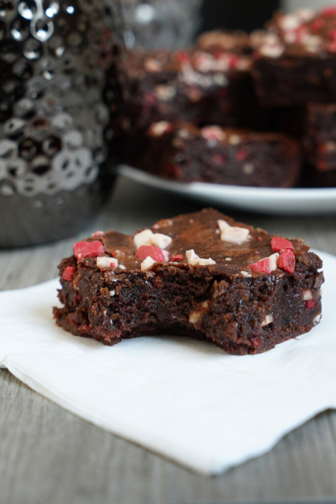 Close up of Peppermint brownie with bite taken out.