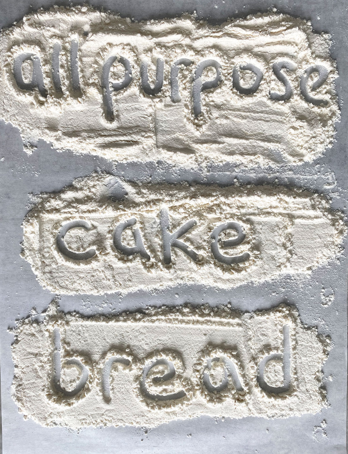 Words "all purpose" "cake" and "bread" written in flour on parchment paper.