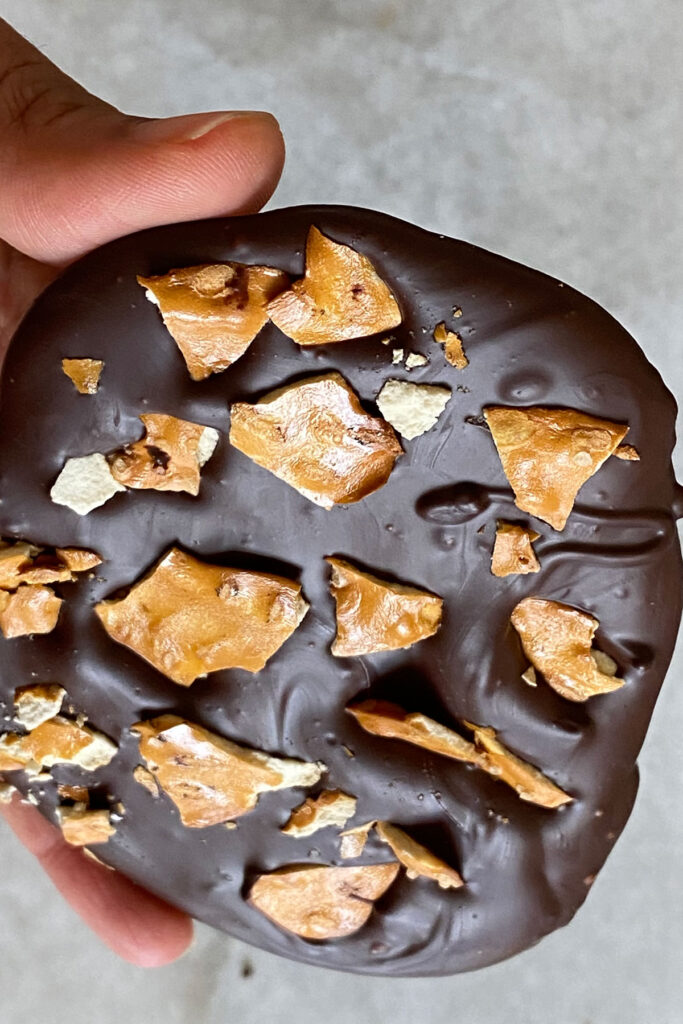 Chocolate pretzel bark close up